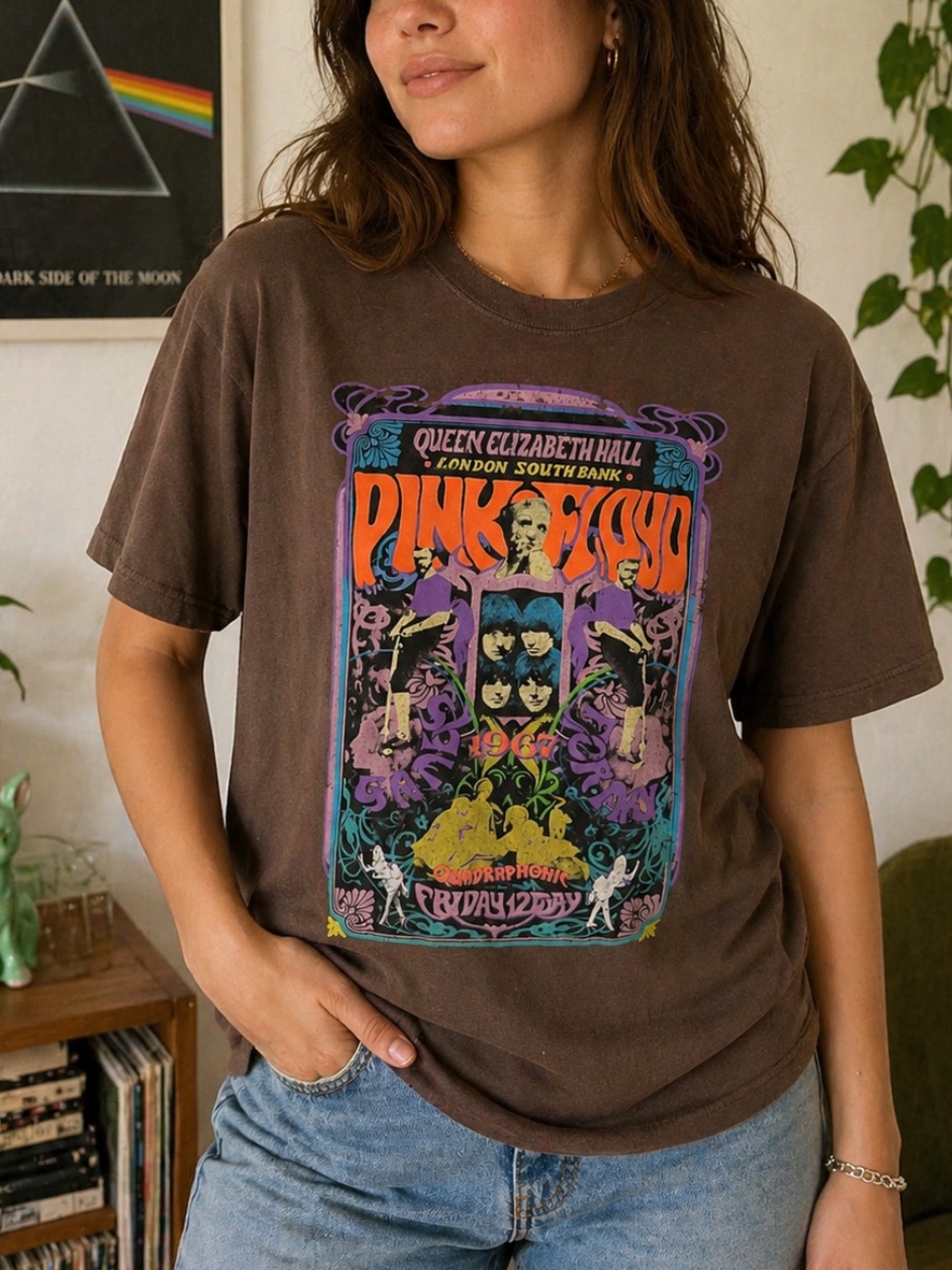 Pink Floyd Brown Tee Shirt Multicolor Psychedelic Fuzzy Front Print Licensed